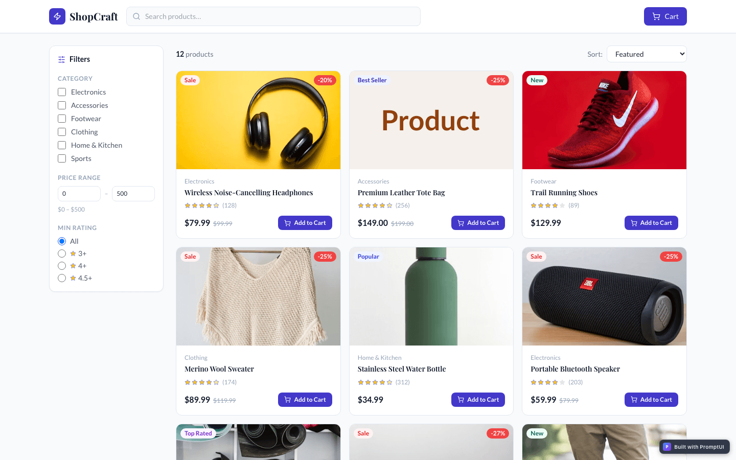 ShopCraft — E-commerce built with PromptUI