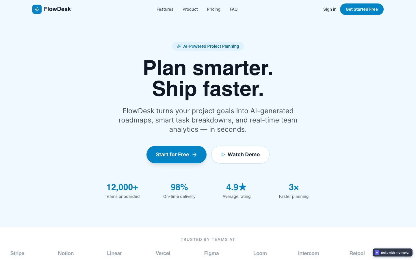 FlowDesk — SaaS landing built with PromptUI